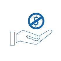 Blue icon of hand holding dollar sign with strike through | Workz Group