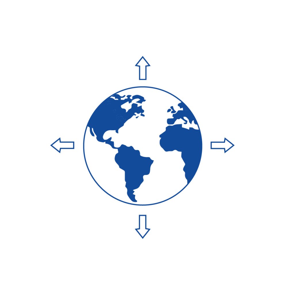 Blue globe icon with four arrows | Workz Group