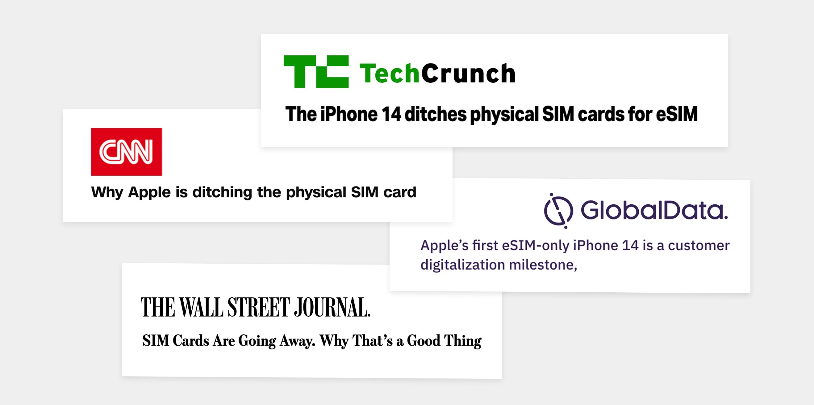 A collection of headlines showing global interest in the eSIM-only iPhone 14