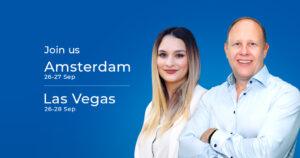 Man and woman from Workz against a blue background announcing attendance at IoT Tech Expo in Amsterdam and at MWC Las Vegas at the end of September 